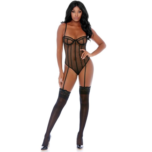 Sheer Caged Net Underwire Teddy with Garters Black - Picture 3 of 5